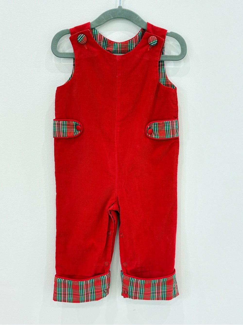 Festive Red Corduroy Kids Overalls with Plaid Trim
